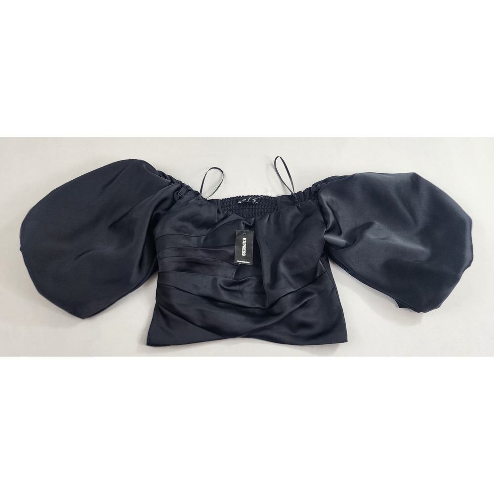 Express Blouse Top Womens XXS Cropped Black Satin Balloon Sleeve 08627727 NEW